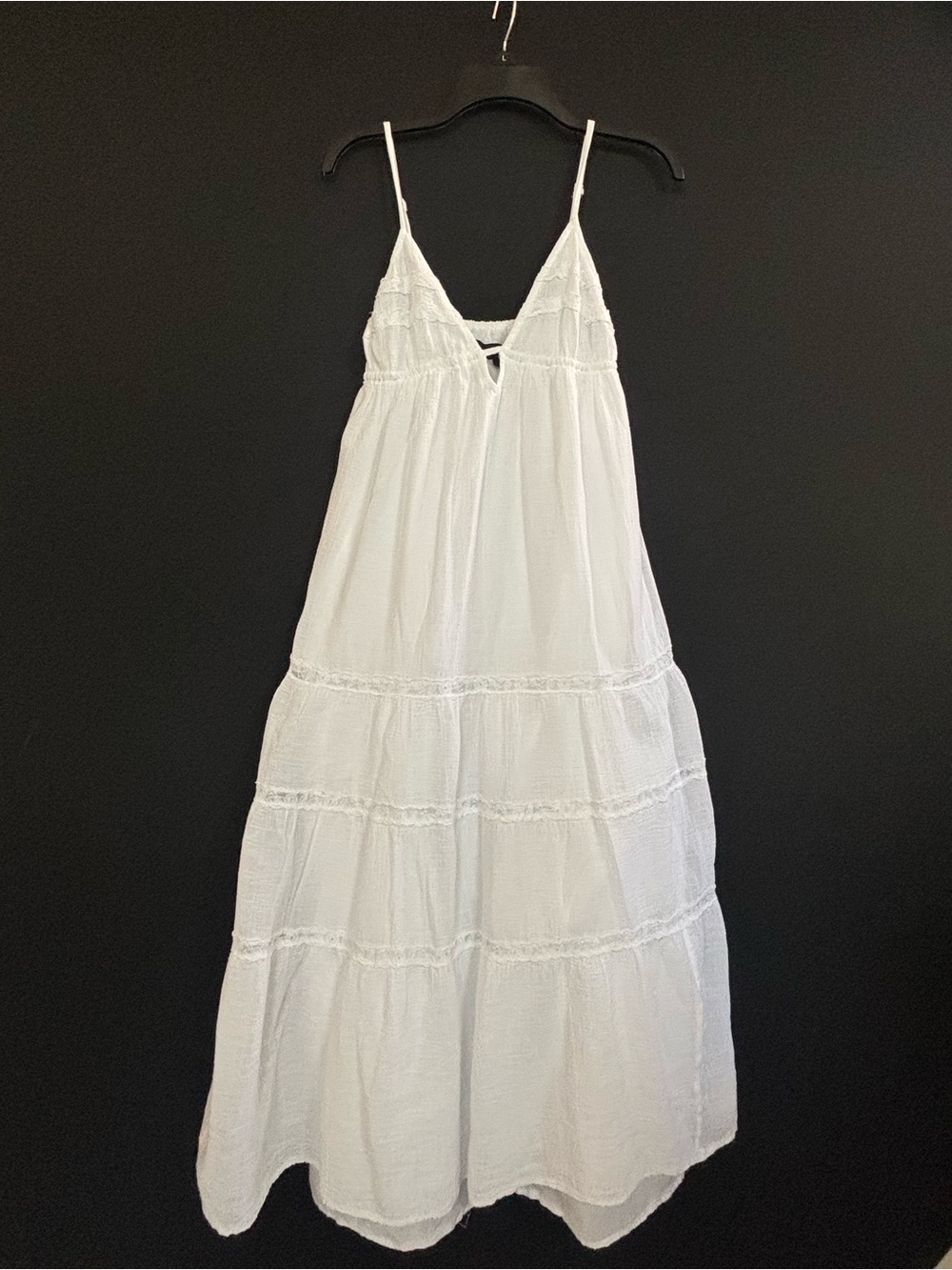 Zara White Maxi Dress XS Tiered Spaghetti Strap Lace Trim Boho Beach Vacation - Picture 2 of 7